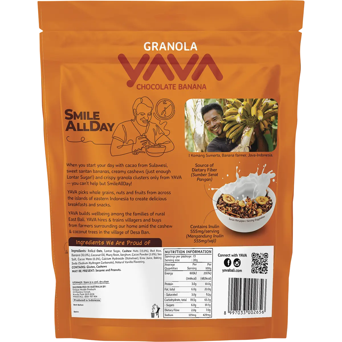 YAVA Granola with Cashews Chocolate Banana 400g — back pack image (UHP)