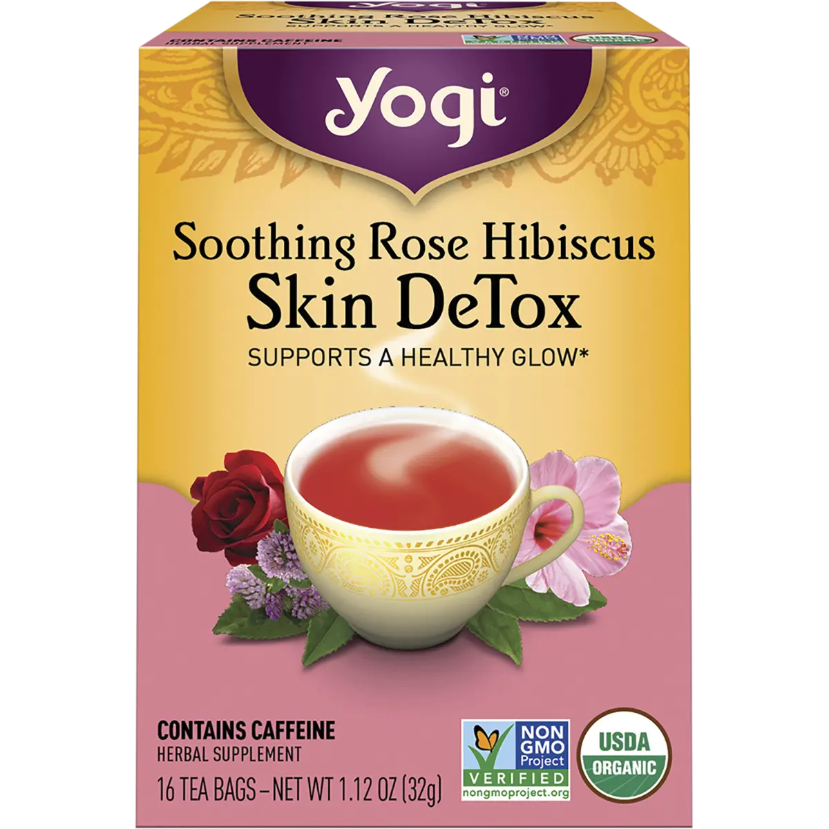 Yogi Herbal Tea Bags Rose Hibiscus Skin DeTox 16pk — front pack image (UHP)