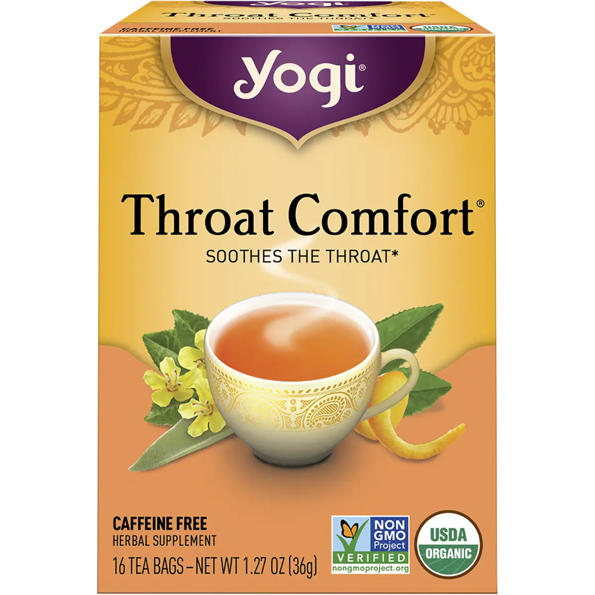 Yogi Tea Herbal Tea Bags Throat Comfort 16pk — front pack image (UHP)
