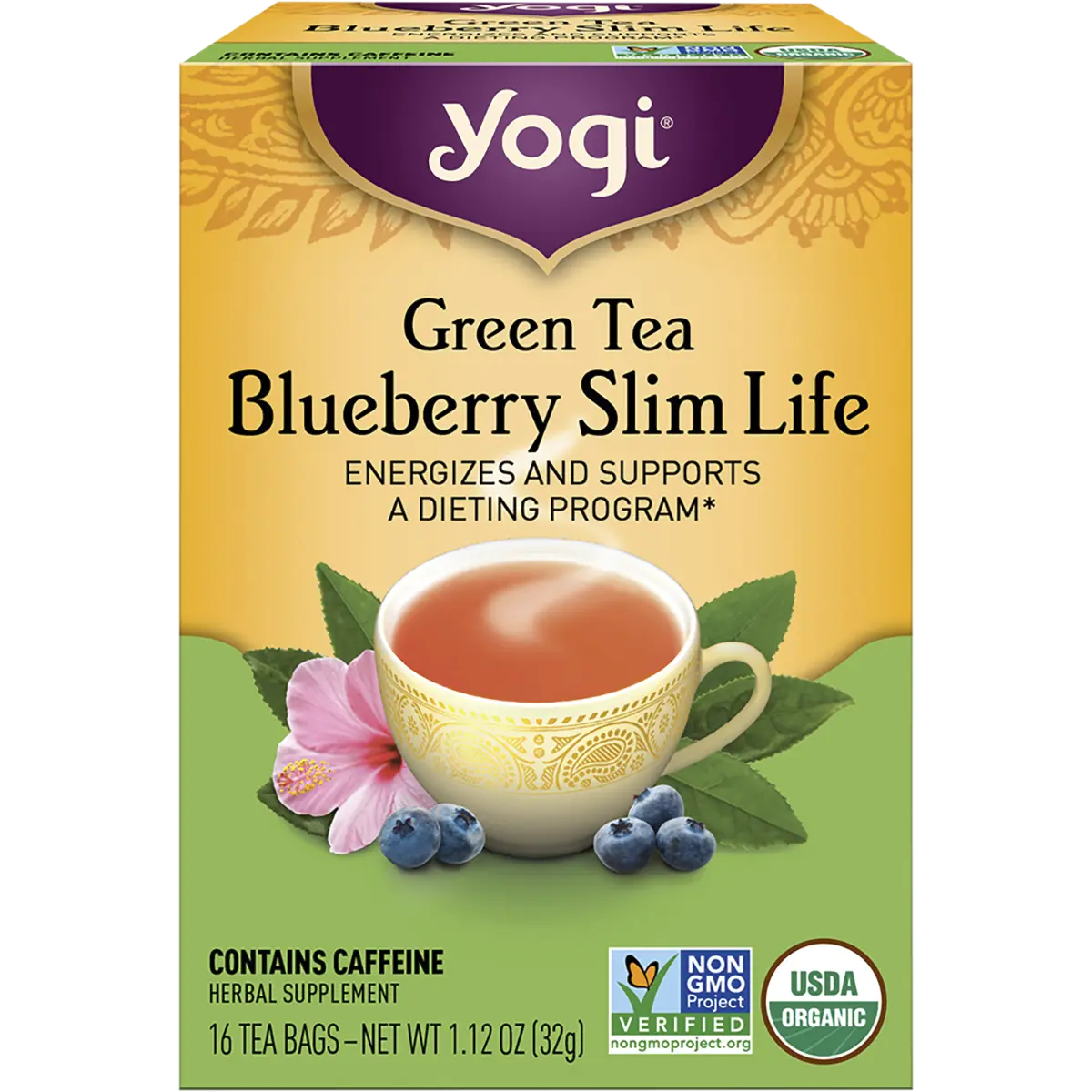 Yogi Herbal Tea Bags Green Tea Blueberry Slim Life 16pk — front pack image (UHP)
