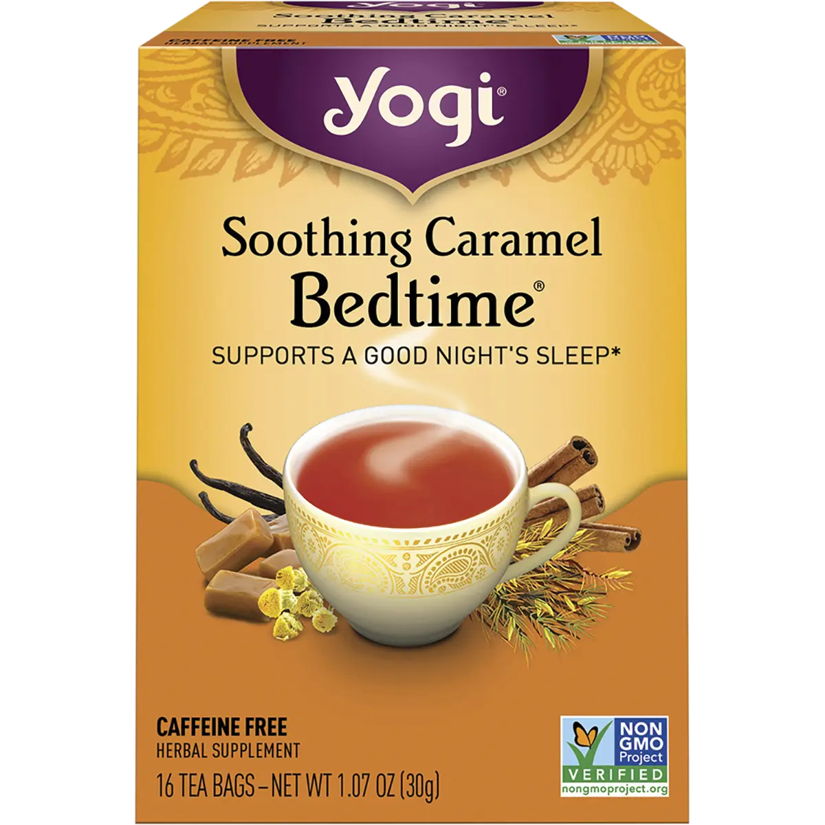 Yogi Herbal Tea Bags Soothing Caramel Bedtime 16pk — front pack image (UHP)