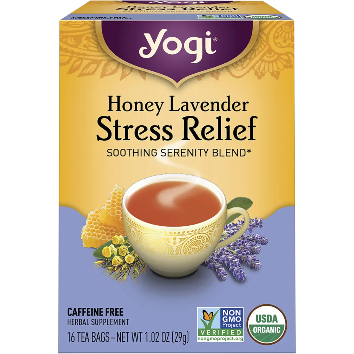 Yogi Herbal Tea Bags Honey Lavender Stress Relief 16pk — front pack image (UHP)