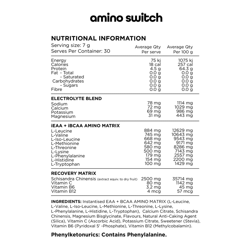 Switch Nutrition Amino EAA & BCAA Electrolyte Recovery Lemonade 210g