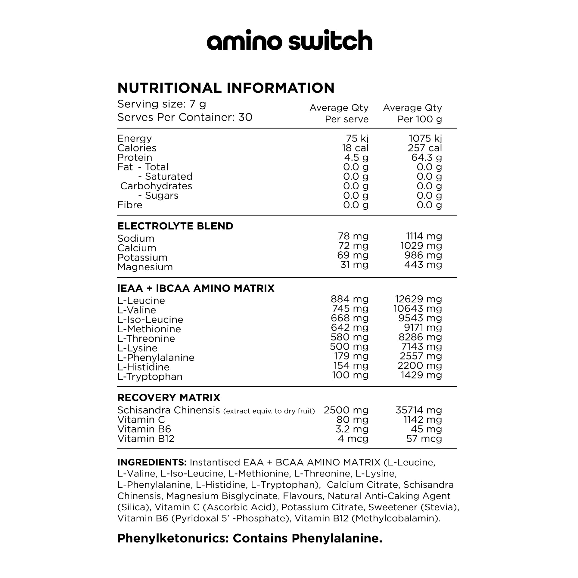 Switch Nutrition Amino EAA & BCAA Electrolyte Recovery Lemonade 210g