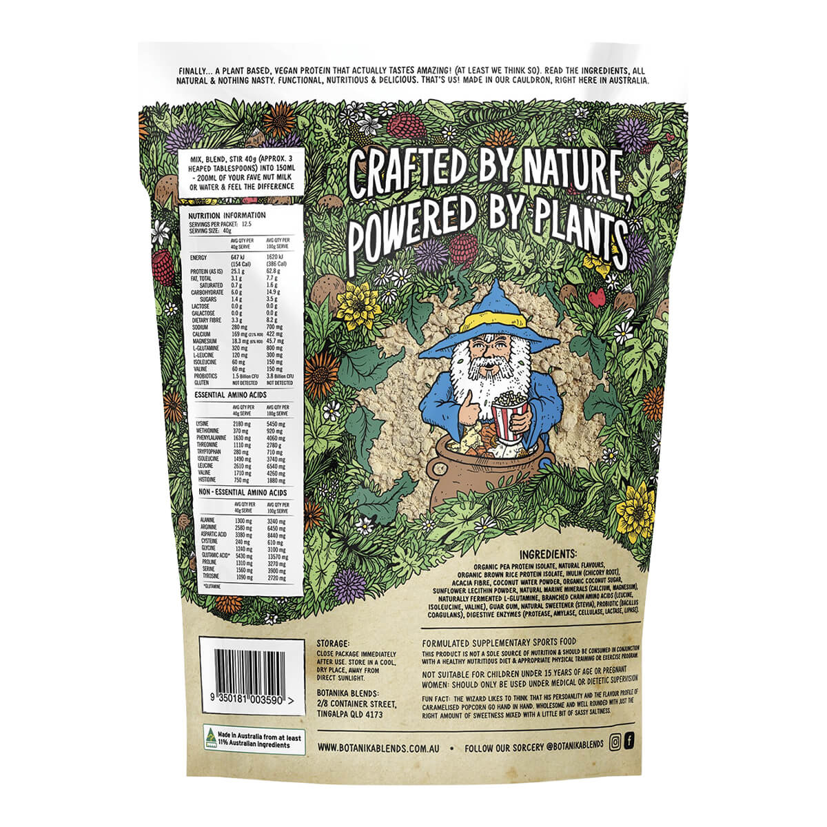 Botanika Blends Plant Protein Caramelised Popcorn 500g — back nutrition and ingredients