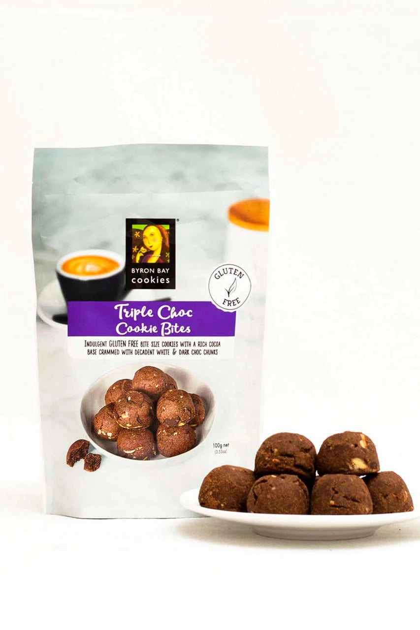 Byron Bay Cookie Company Gluten Free Triple Choc Cookie Bites 100g — product lifestyle image