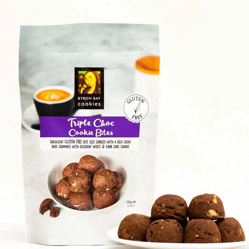 Byron Bay Cookie Company Gluten Free Triple Choc Cookie Bites 100g — product lifestyle image