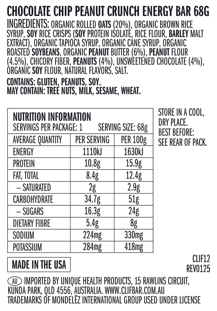 CLIF Chocolate Chip Peanut Crunch 68g nutrition and ingredients
