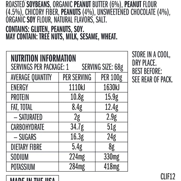 CLIF Chocolate Chip Peanut Crunch 68g nutrition and ingredients