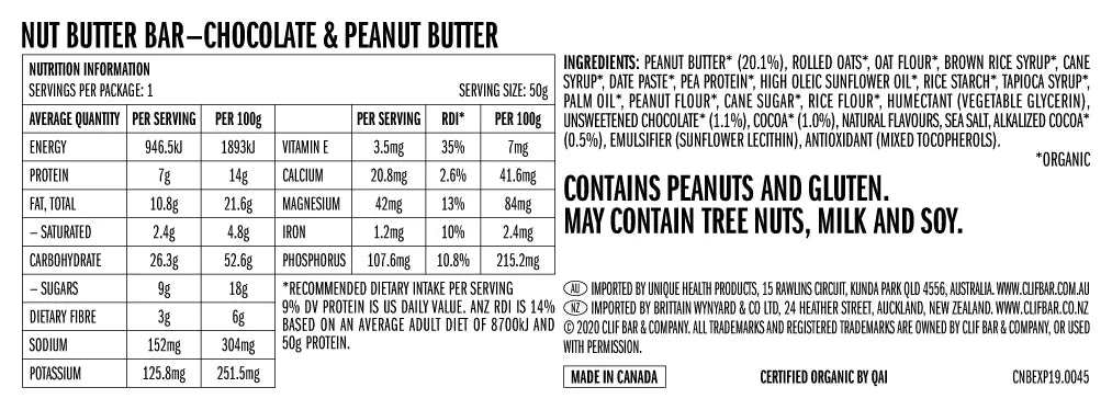 CLIF Nut Butter Chocolate & Peanut Butter 50g nutrition and ingredients