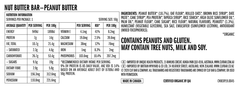 Clif Nut Butter Filled Bar Peanut Butter 50g nutrition and ingredients