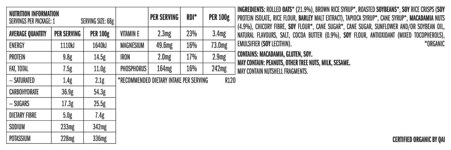 CLIF White Chocolate Macadamia Nut 68g nutrition and ingredients