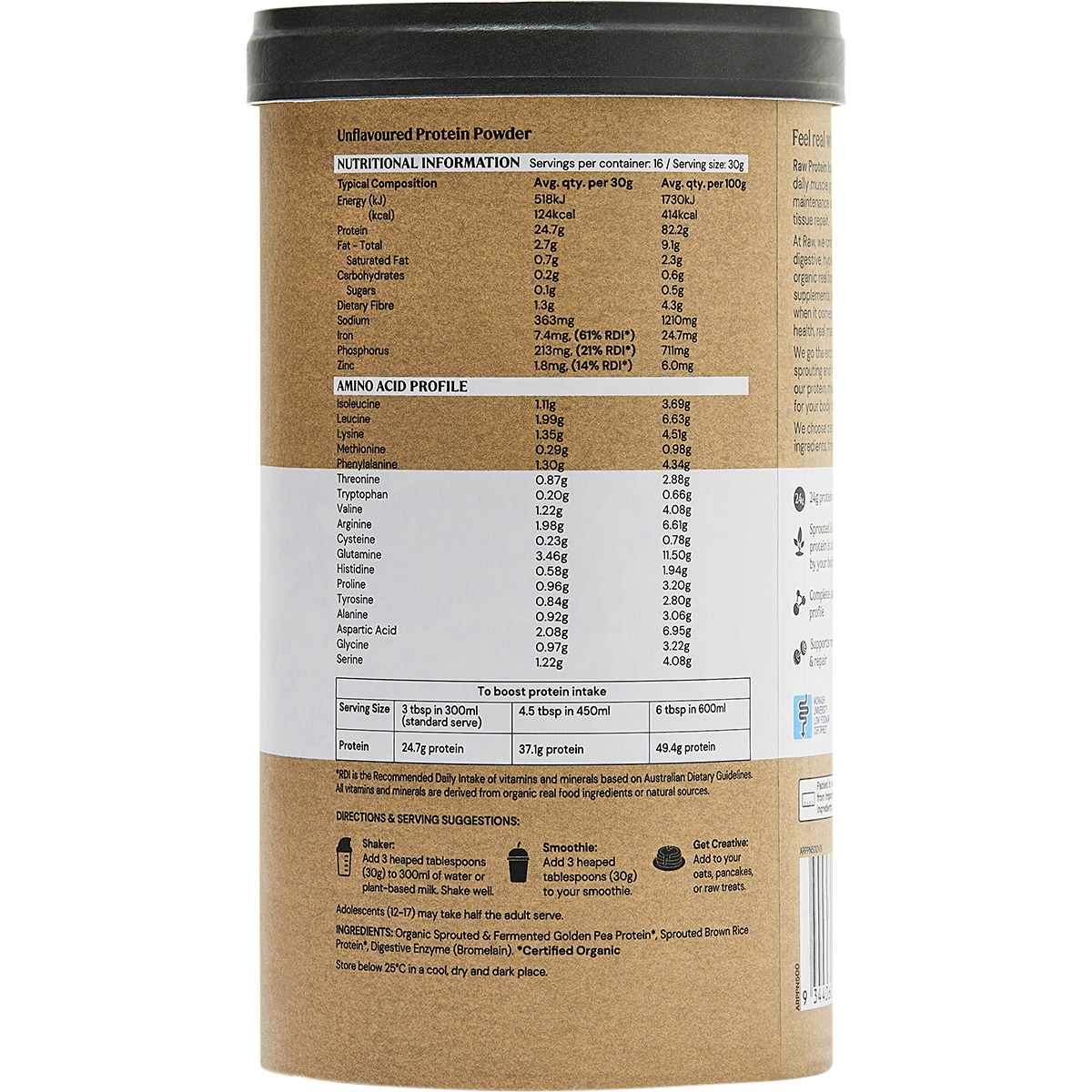 Amazonia Raw Protein Isolate Natural 500g nutrition panel