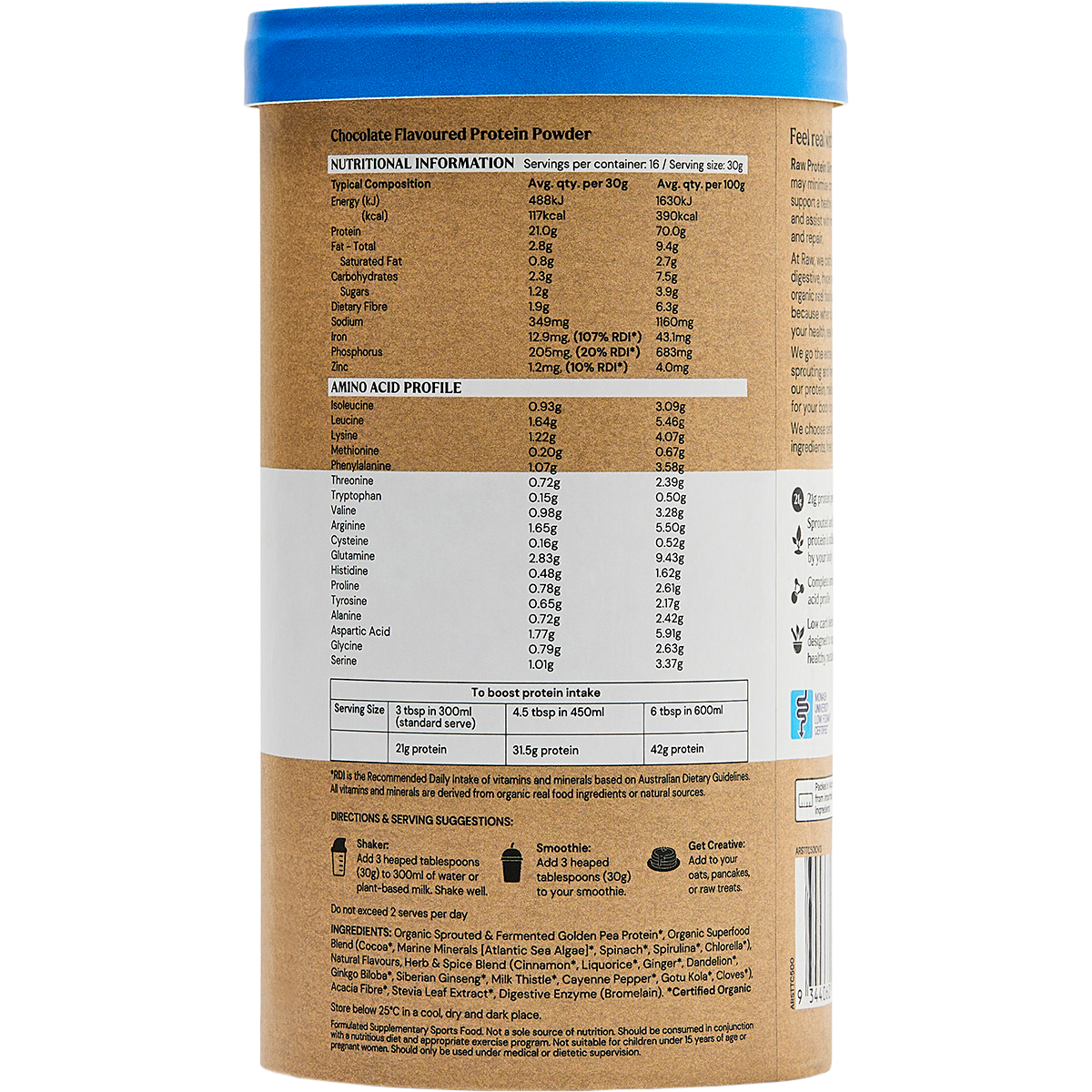 Amazonia Raw Protein Slim & Tone Triple Chocolate 500g nutrition panel