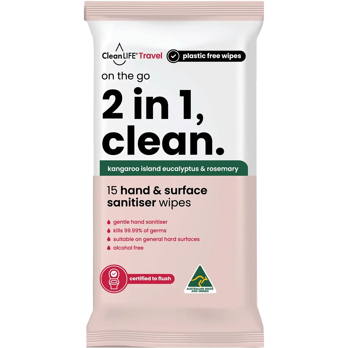 CleanLIFE 2 In 1 Plastic Free Wipes Hand and Surface Sanitiser 15pk