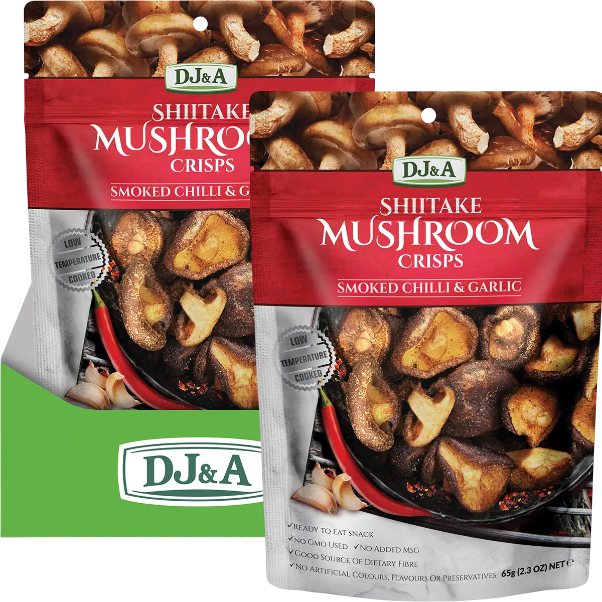 DJ&A Shiitake Mushroom Crisps Smoked Chilli & Garlic 9x65g