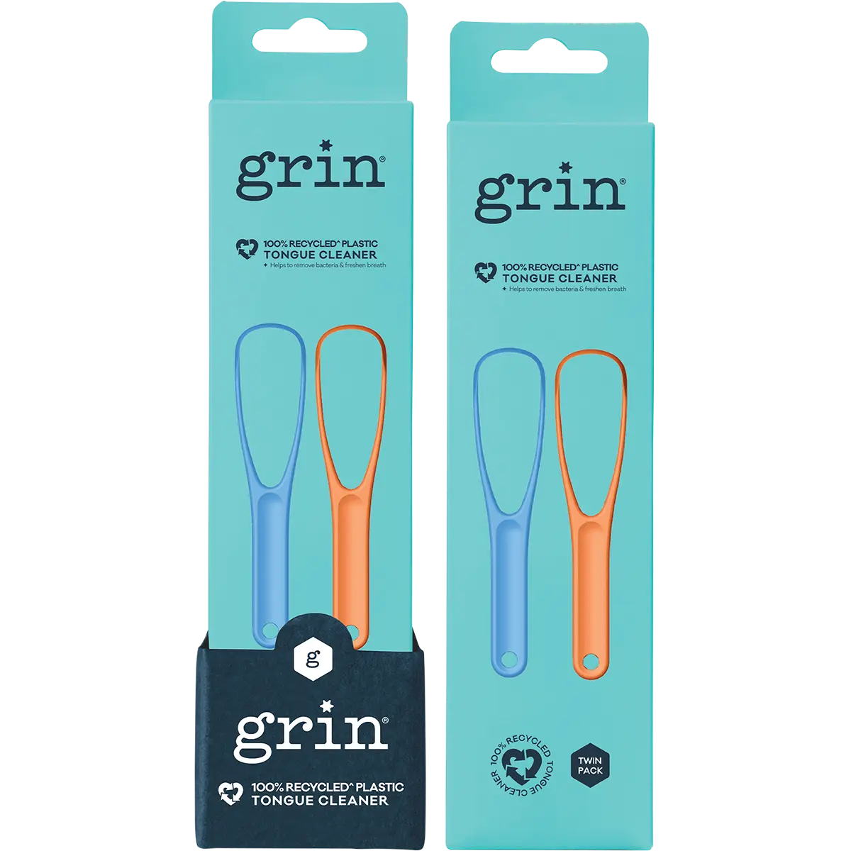 Grin 100% Recycled Plastic Tongue Cleaner Orange, Blue 8x2pk