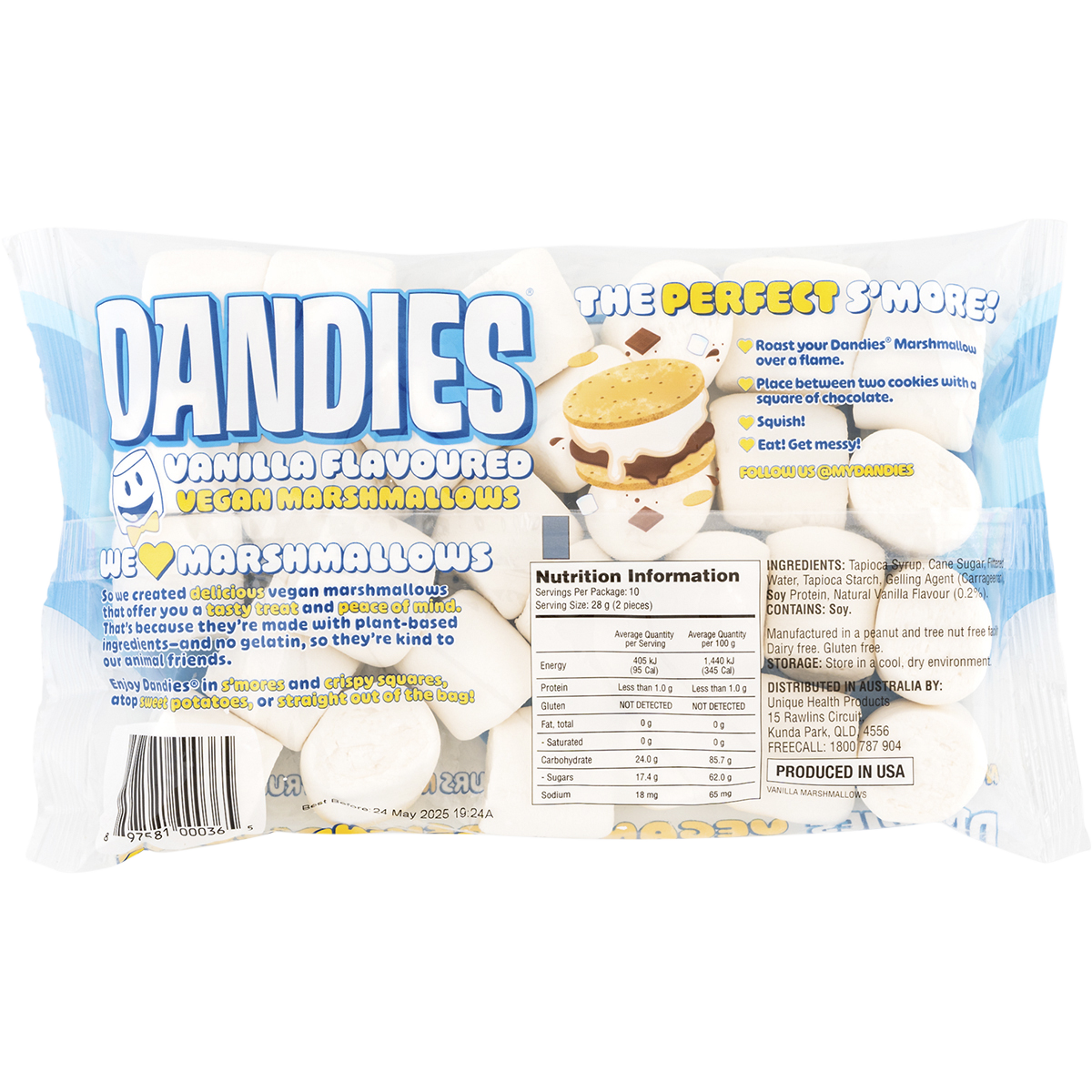 Dandies Vegan Vanilla Marshmallows Regular Size 283g back image