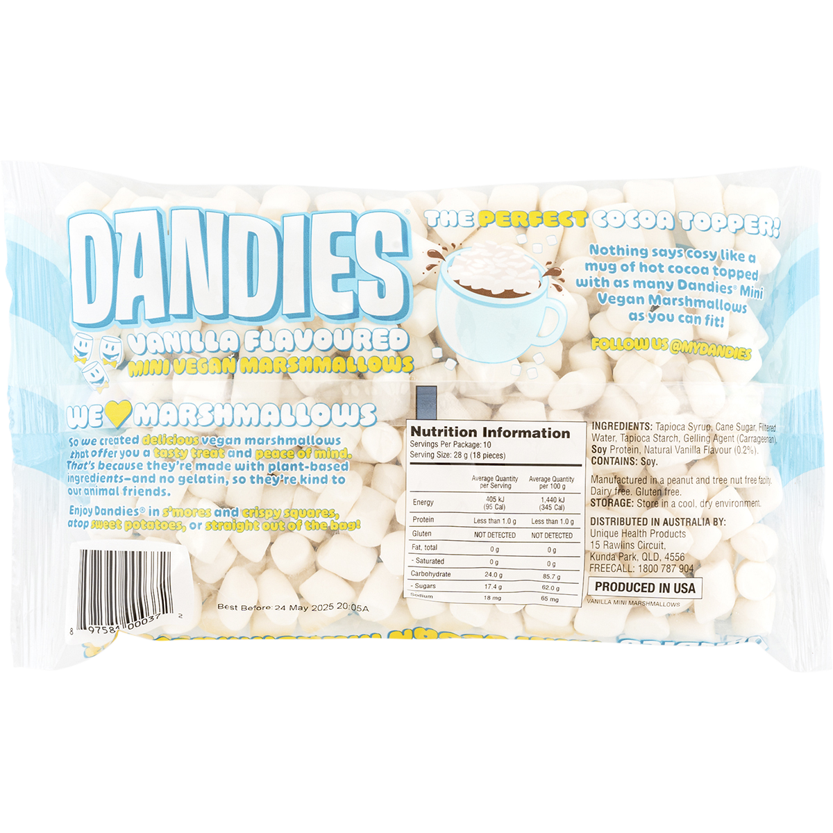 Dandies Vegan Vanilla Marshmallows Mini Size 283g back image