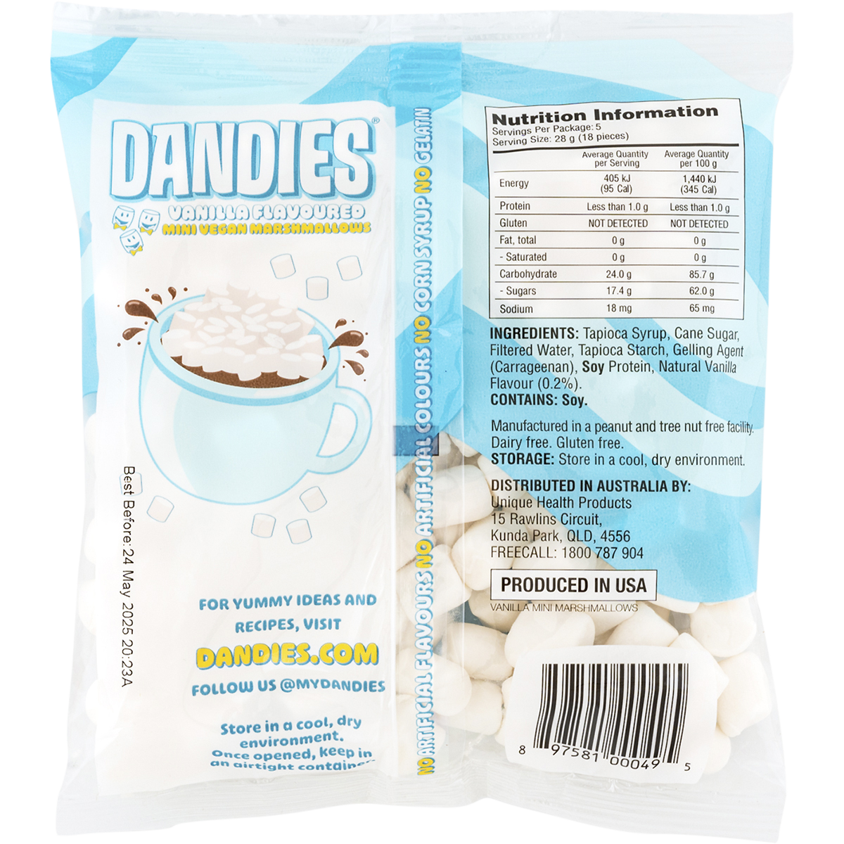 Dandies Vegan Vanilla Marshmallows Mini Size 142g back image