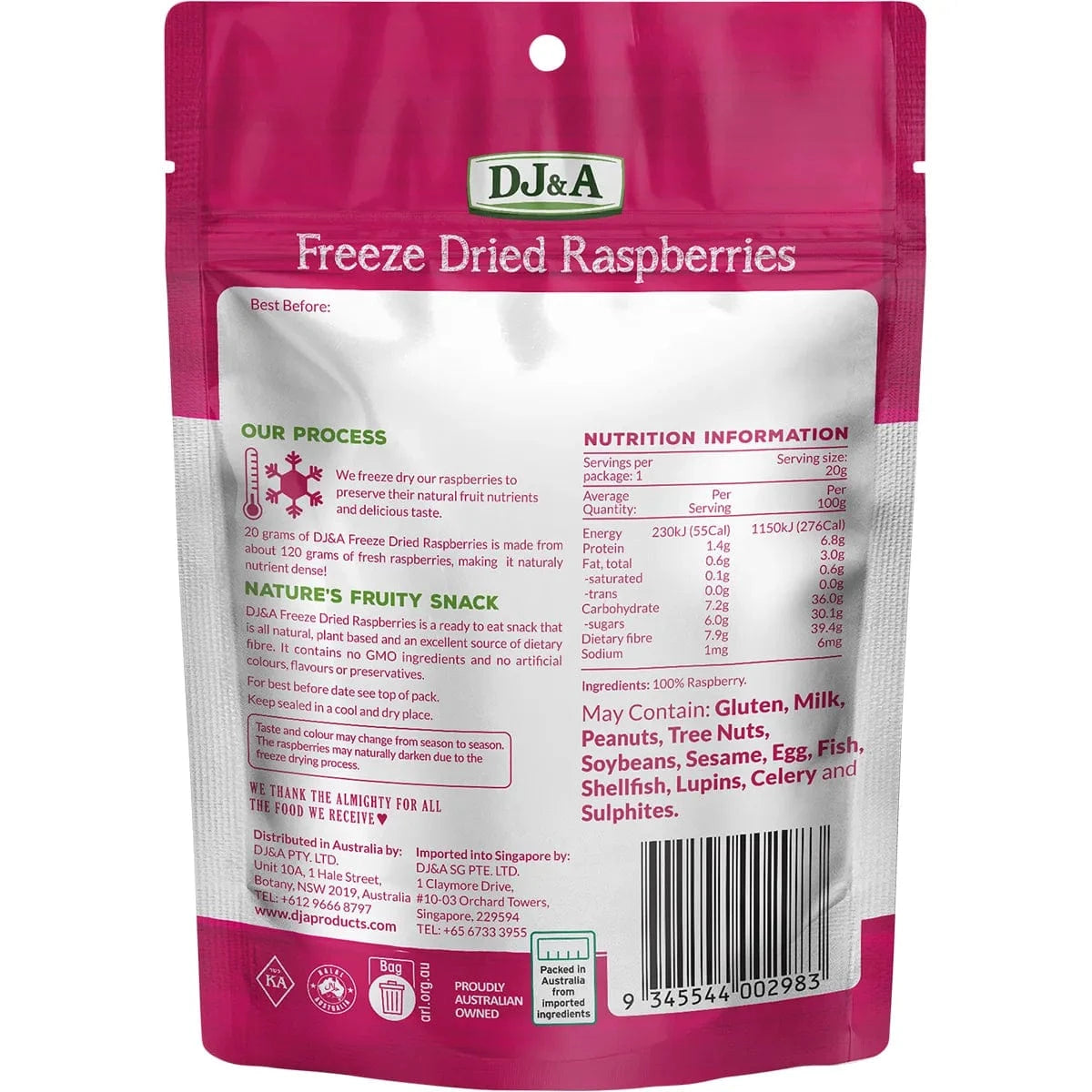 DJ&A Snack Foods DJ&A Freeze Dried Raspberries 10x20g