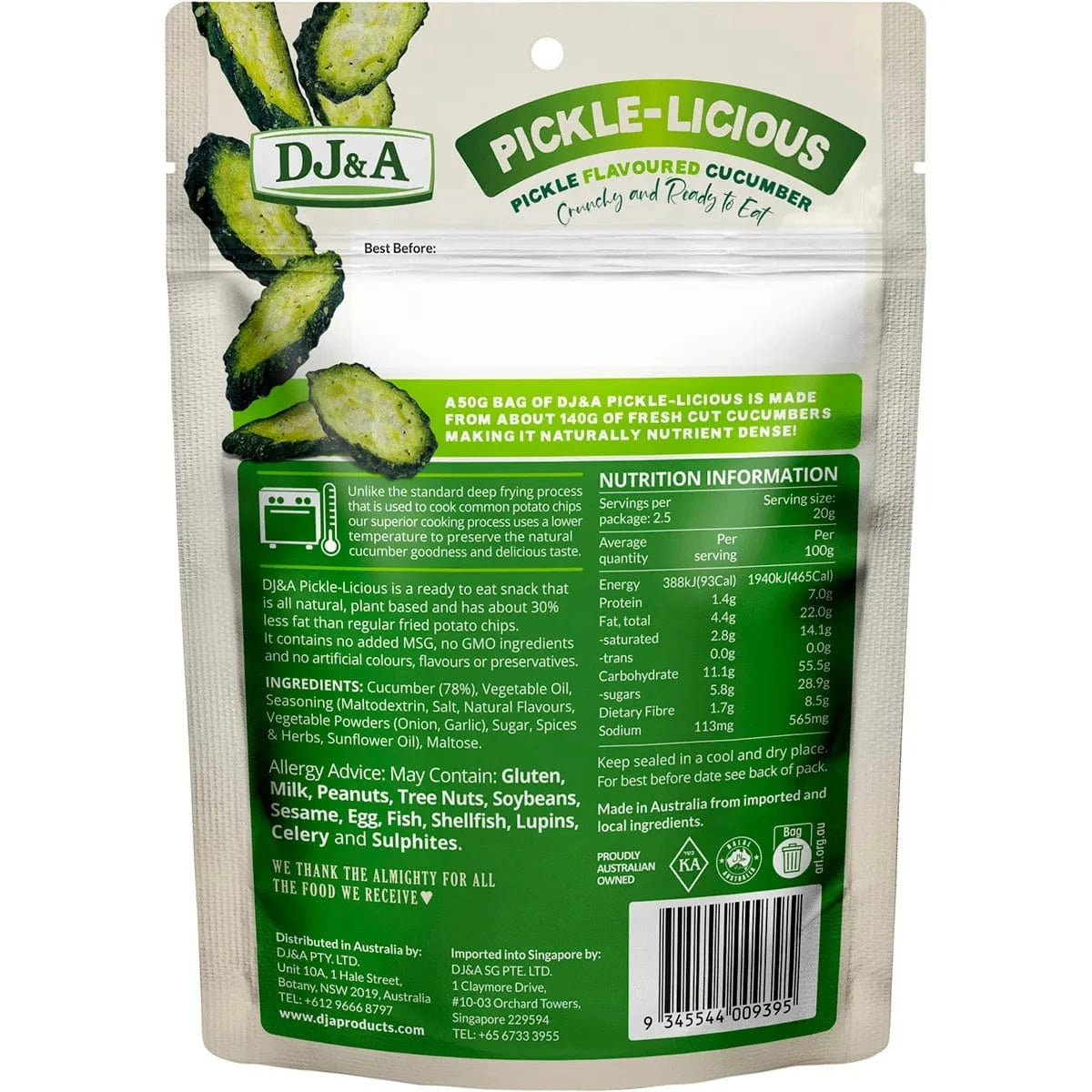 DJ&A Snack Foods DJ&A Pickle-Licious Pickle Flavoured Cucumber 50g