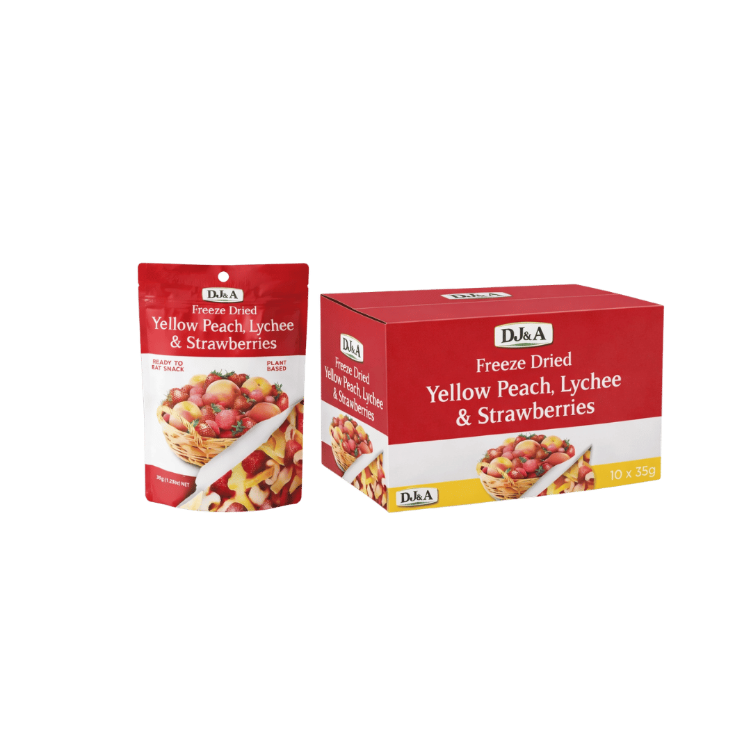 DJ&A Freeze Dried Yellow Peach, Lychee & Strawberries 10x35g — exact case and pouch image