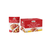 DJ&A Freeze Dried Yellow Peach, Lychee & Strawberries 10x35g — exact case and pouch image