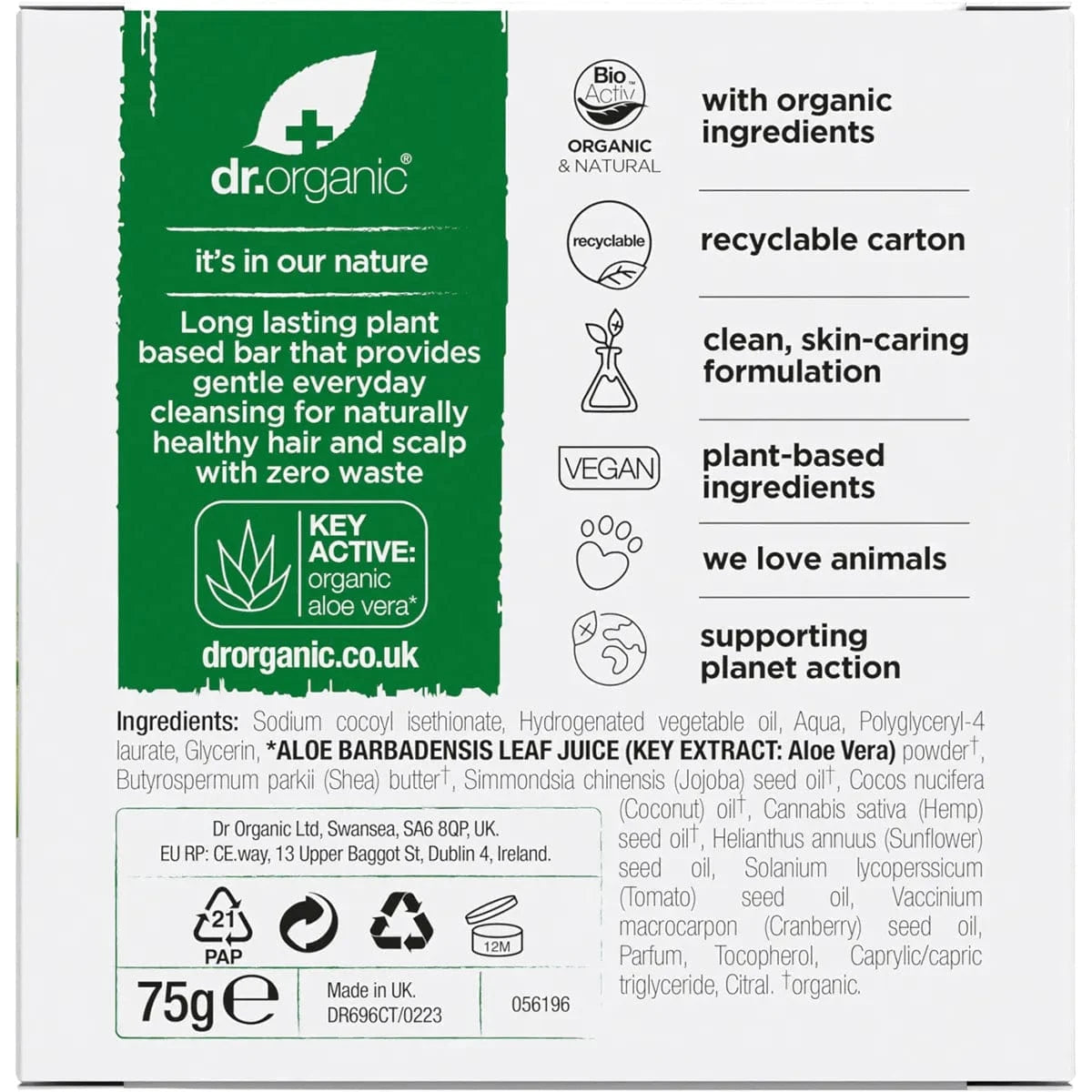 Dr. Organic Skin Care Dr. Organic Shampoo & Conditioner Bar Aloe Vera & Shea All Hair 75g