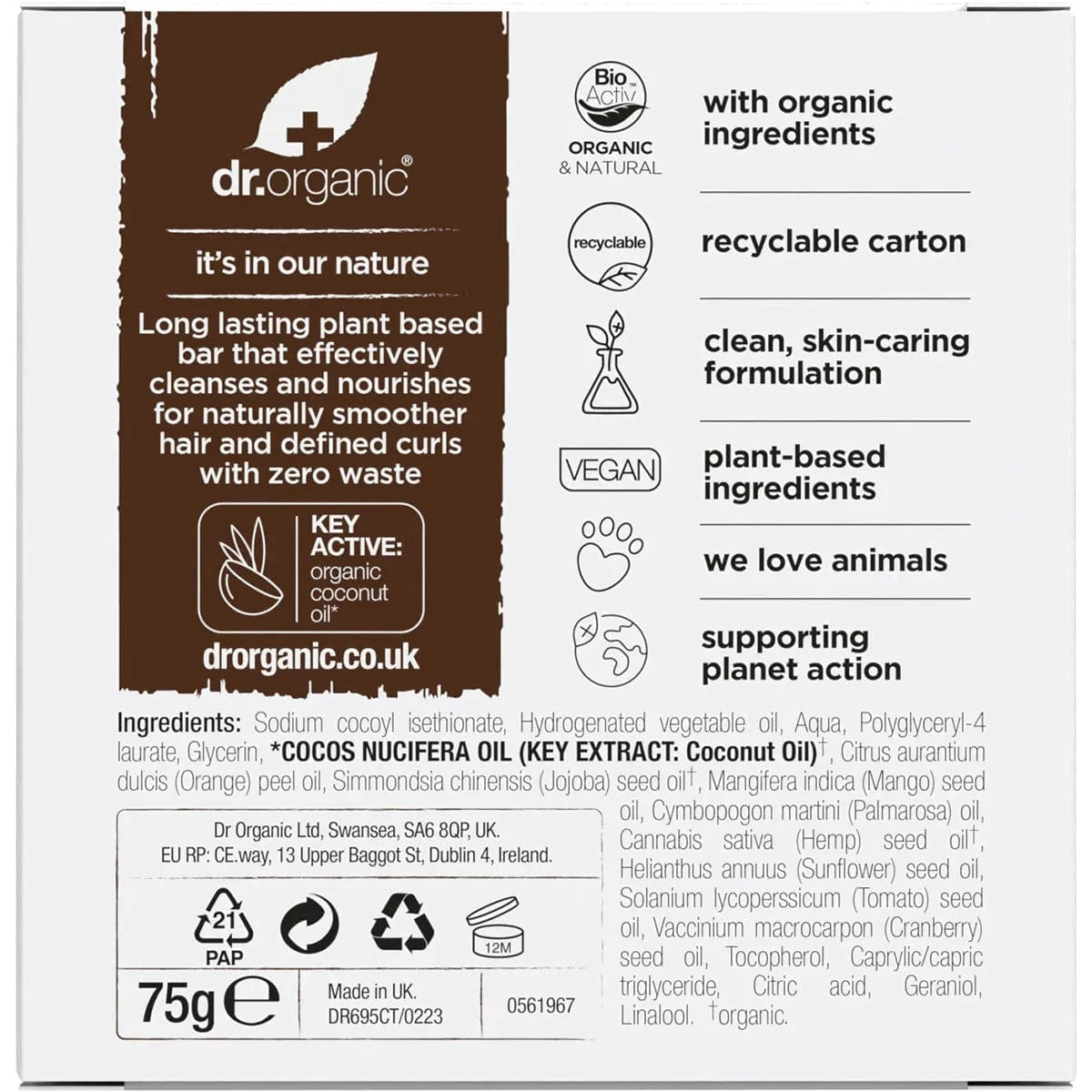 Dr. Organic Skin Care Dr. Organic Shampoo & Conditioner Bar Coconut Orange Curly & Thick 75g