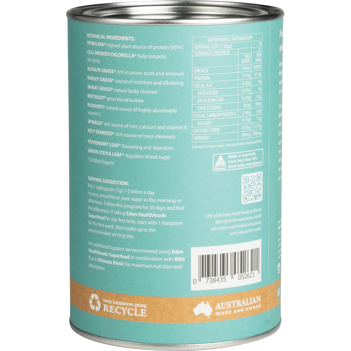 Eden Healthfoods Certified Organic Greens Powder 400g right-side product image