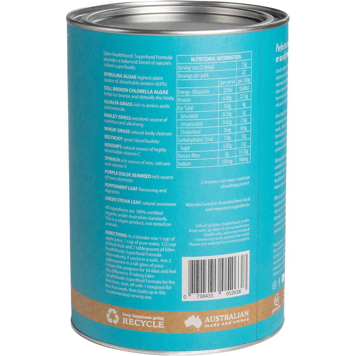 Eden Healthfoods Certified Organic Greens Powder 1kg right-side product image