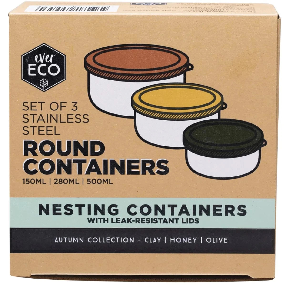 Ever Eco Home & Garden Autumn Collection Ever Eco Stainless Steel Round Nesting Containers Leak Resistant 3pk