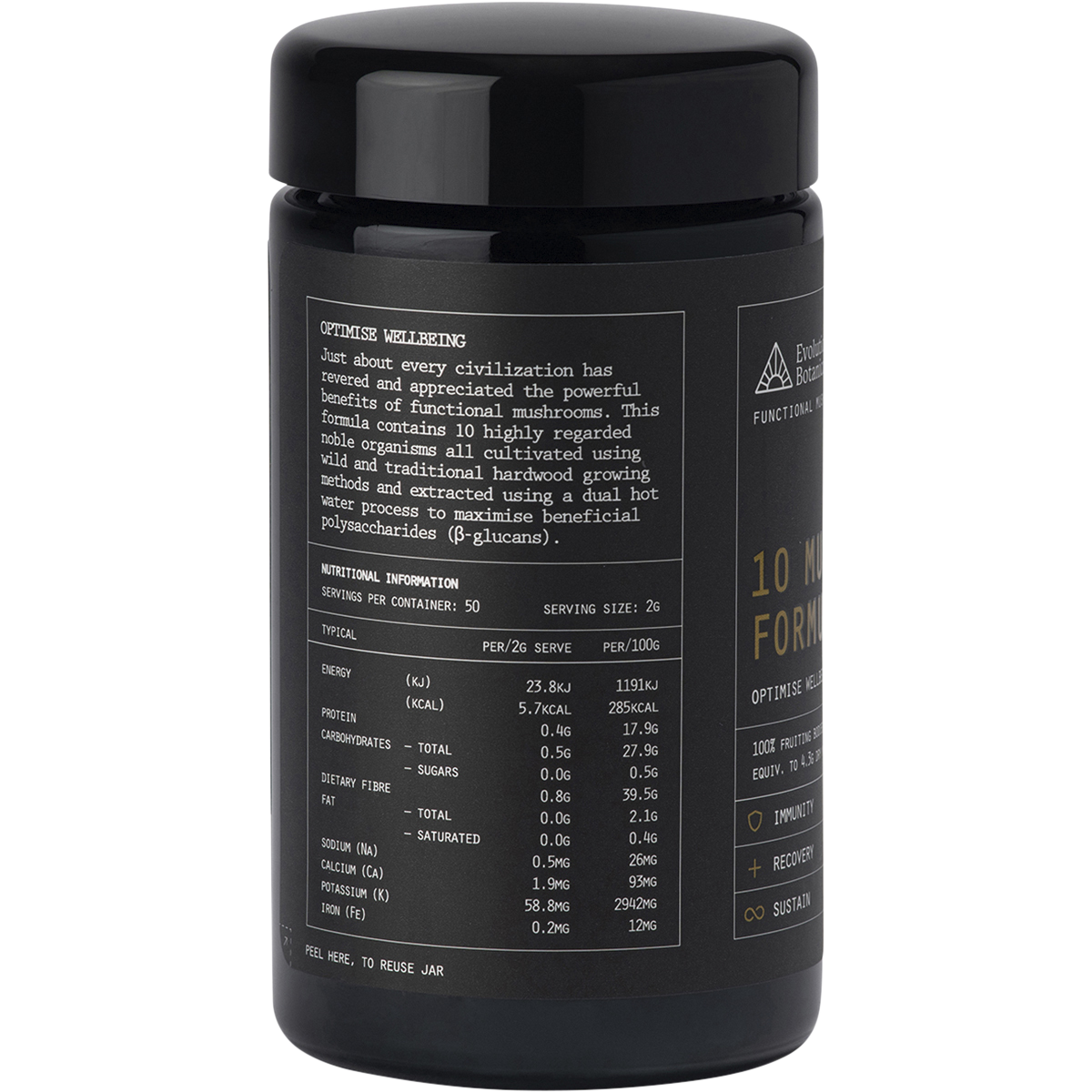Evolution Botanicals 10 Mushroom Formula 100g jar left-side image