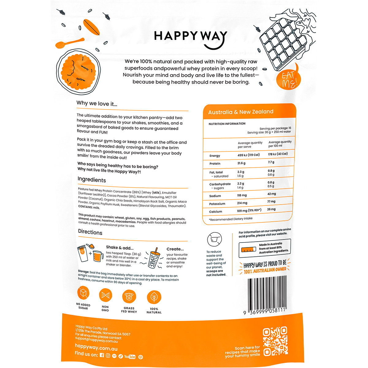 Happy Way Whey Protein Powder Chocolate 500g back image