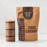 Happy Way Ashy Bines Choc Caramel Whey Protein Powder 500g with prepared shake