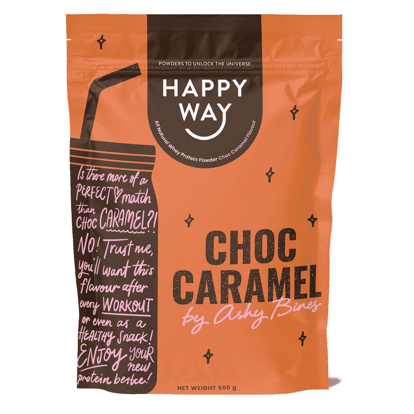 Happy Way Ashy Bines Whey Protein Powder Choc Caramel 500g — current official front pack image