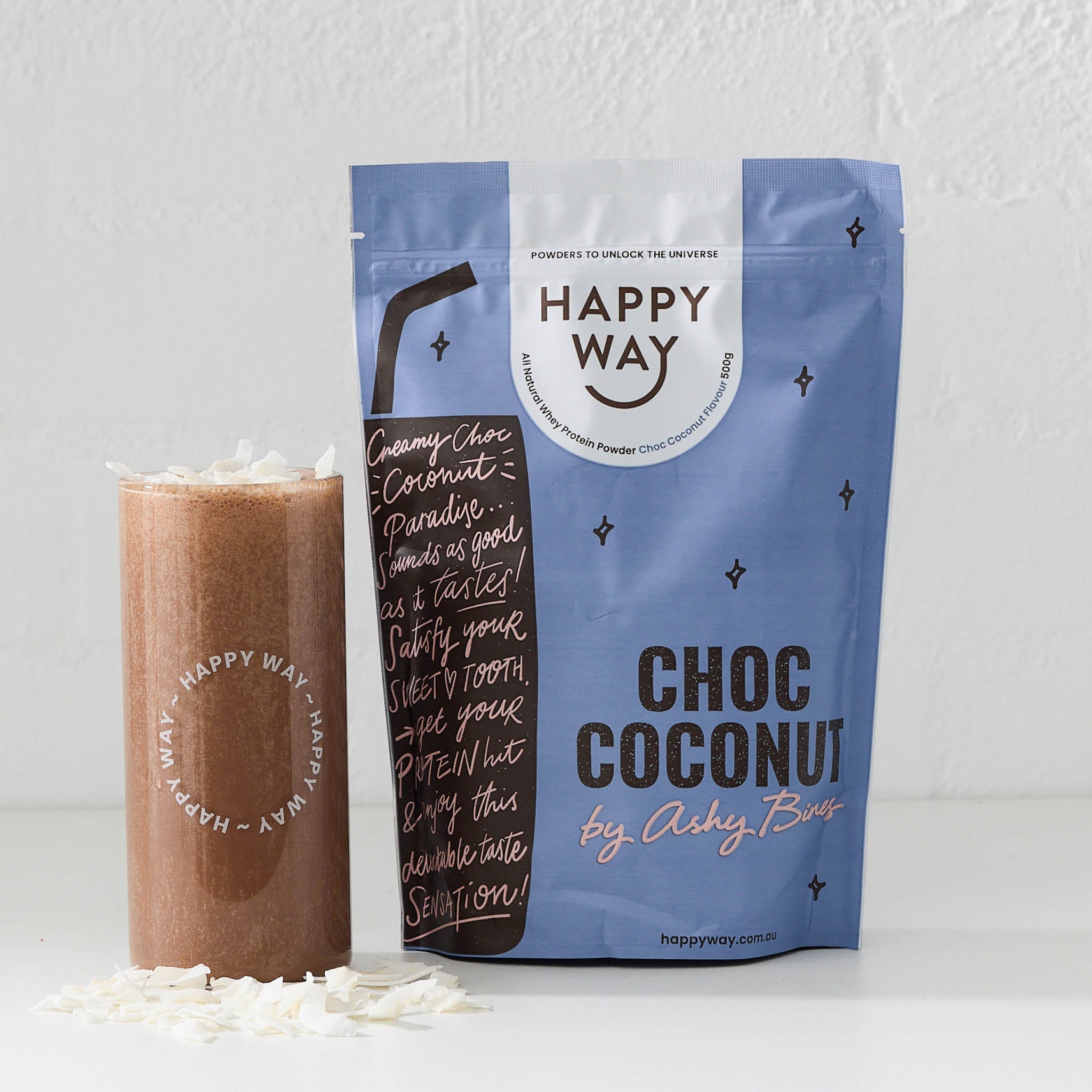 Happy Way Ashy Bines Choc Coconut Whey Protein Powder 500g with prepared shake