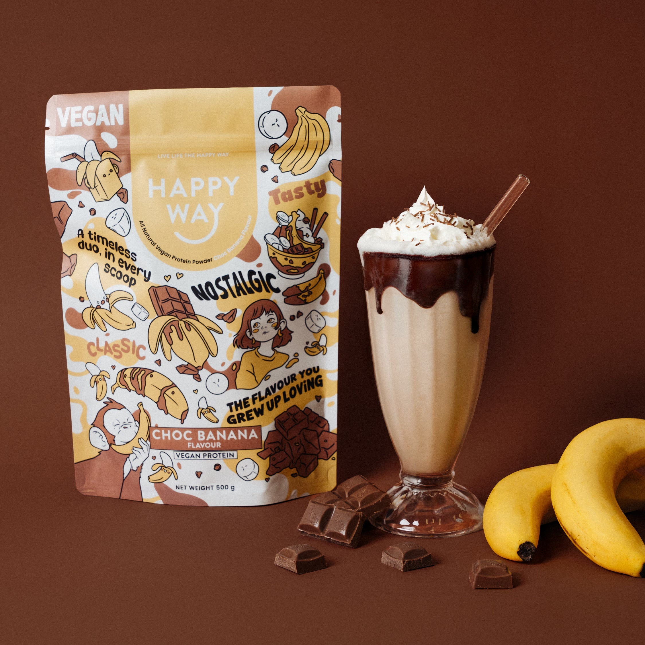 Happy Way Choc Banana Vegan Protein Powder 500g with prepared shake