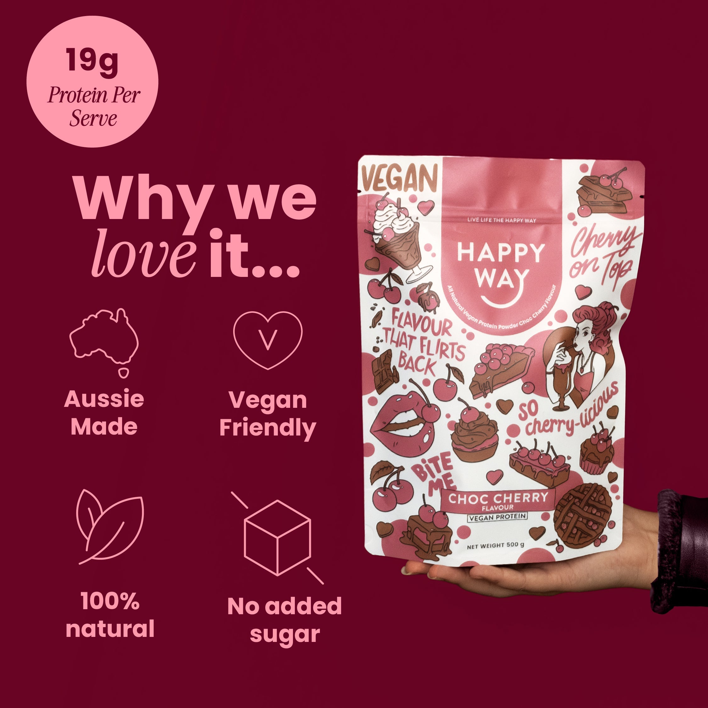 Happy Way Choc Cherry Vegan Protein Powder 500g product lifestyle image