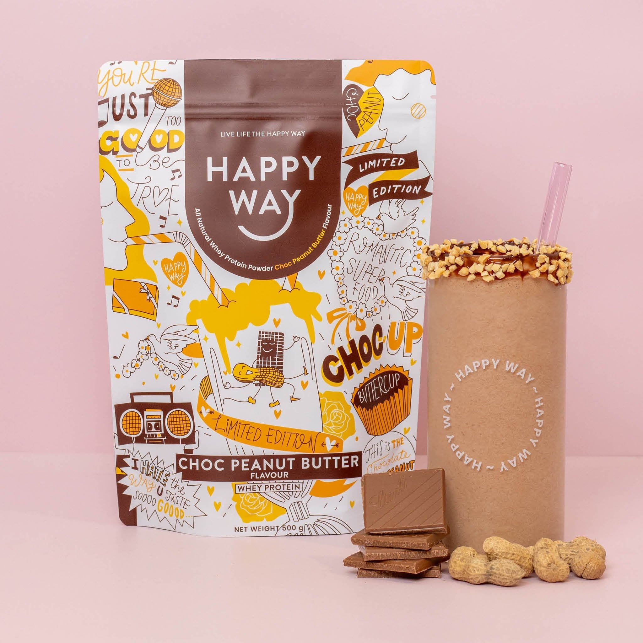 Happy Way Choc Peanut Butter Whey Protein Powder 500g lifestyle product image