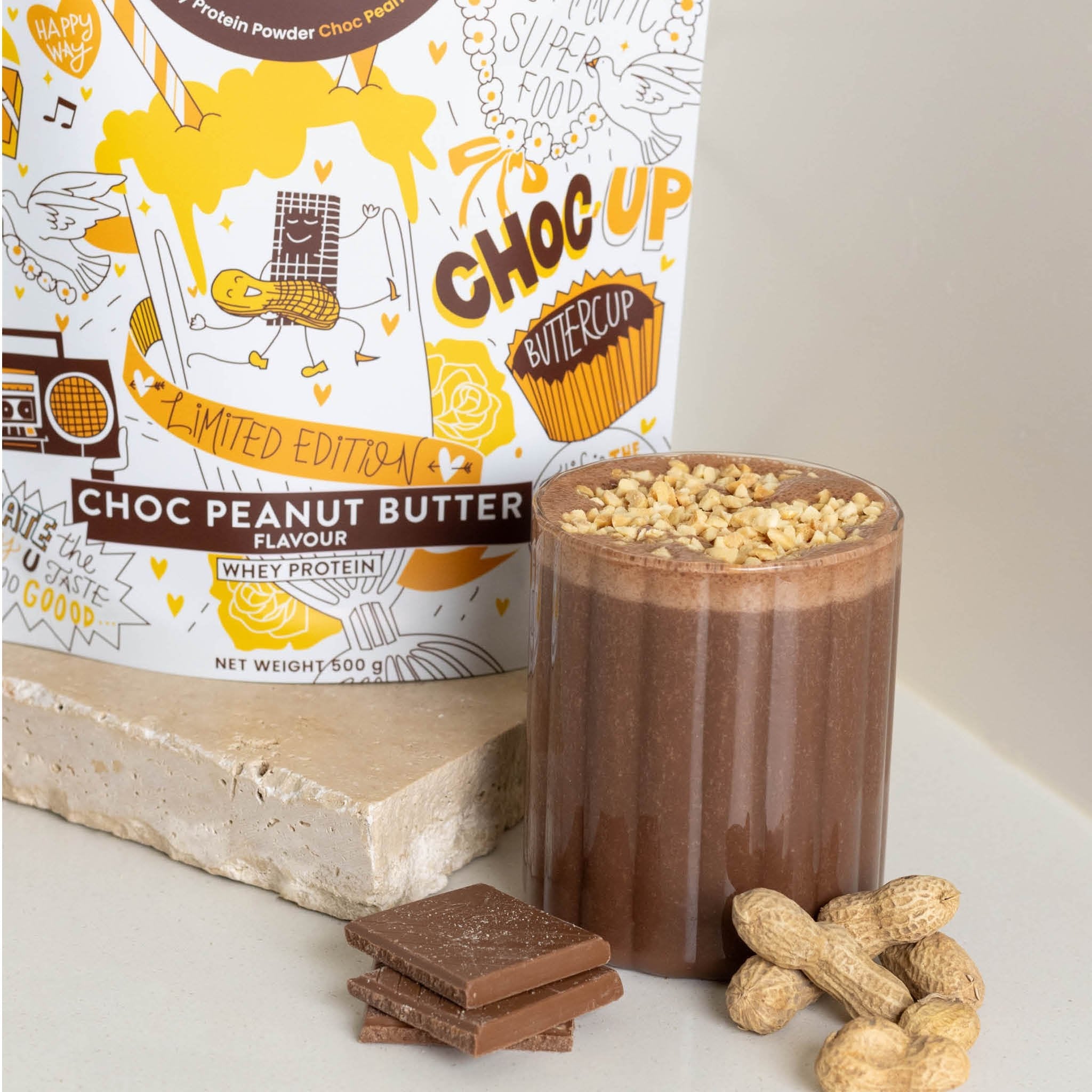Happy Way Choc Peanut Butter Whey Protein Powder 500g with prepared shake