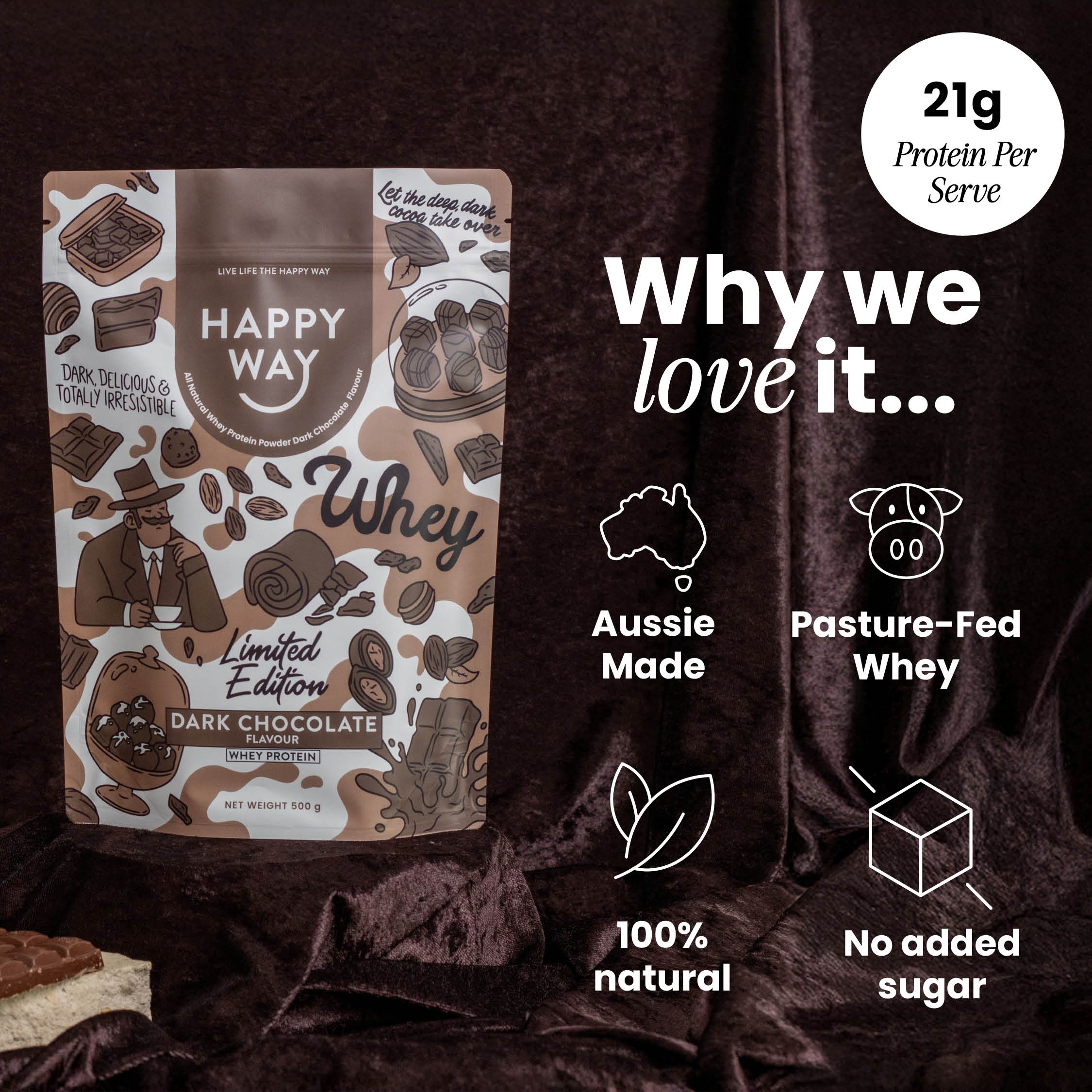 Happy Way Dark Chocolate Whey Protein Powder 500g product benefits