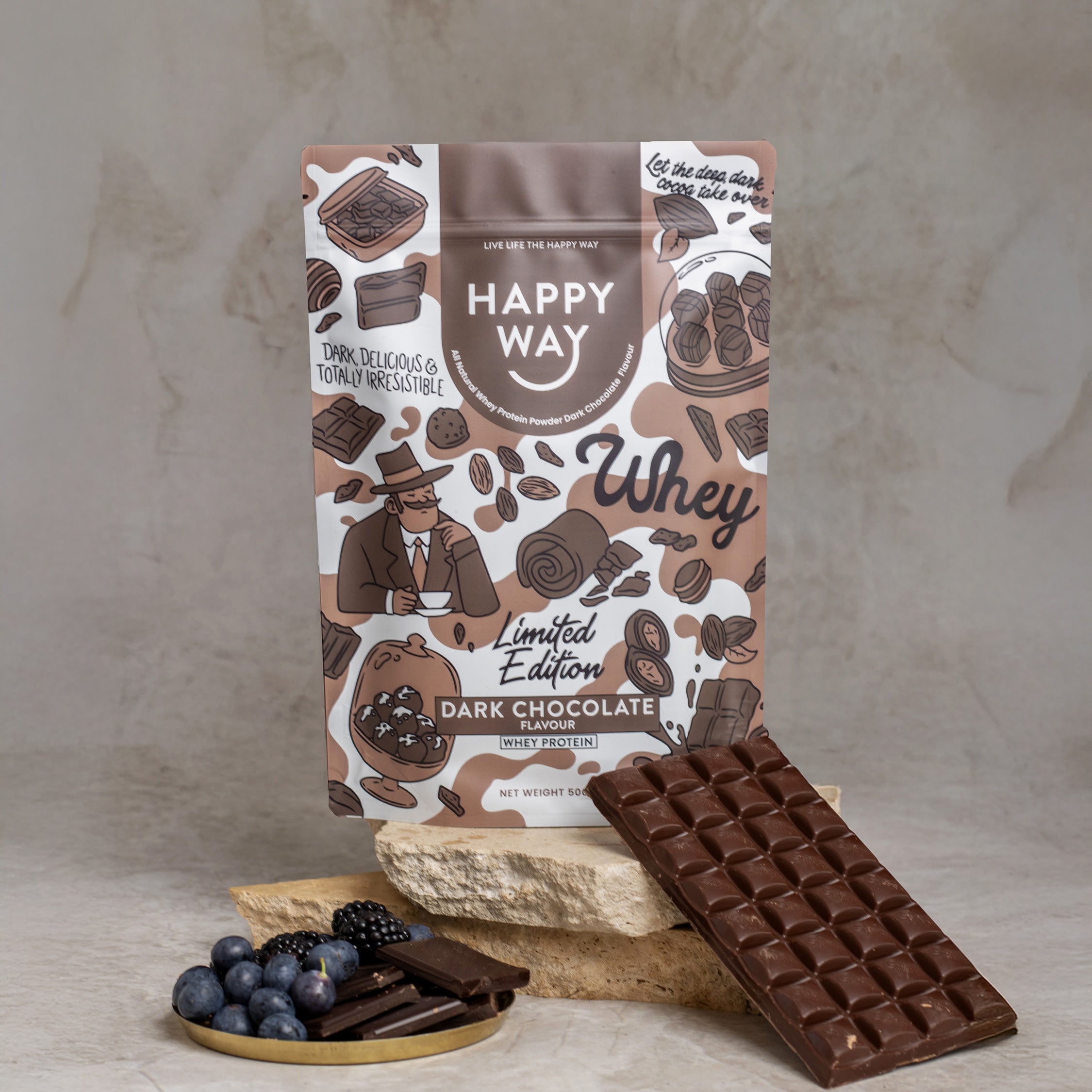 Happy Way Dark Chocolate Whey Protein Powder 500g serving image