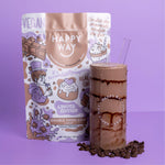 Happy Way Double Choc Chip Vegan Protein Powder 500g with prepared shake
