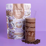 Happy Way Double Choc Chip Vegan Protein Powder 500g with prepared shake