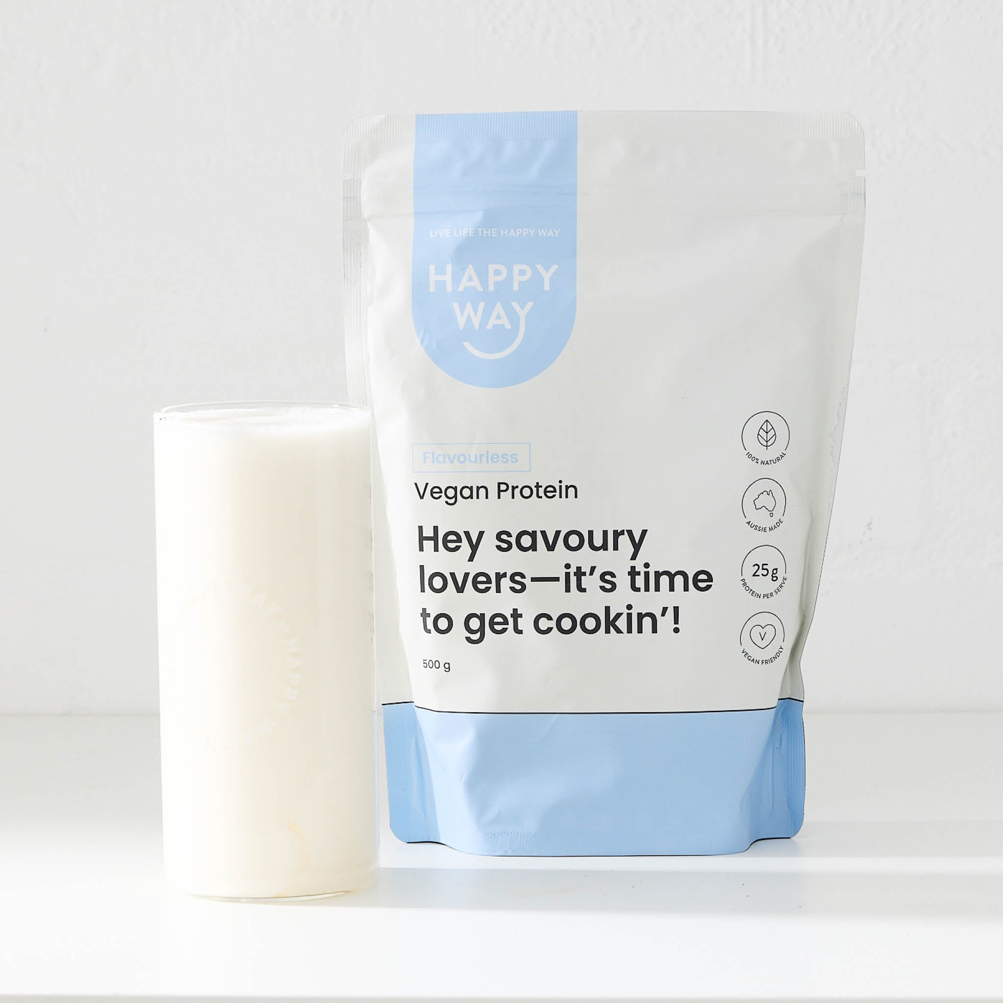 Happy Way Flavourless Vegan Protein Powder 500g with prepared shake