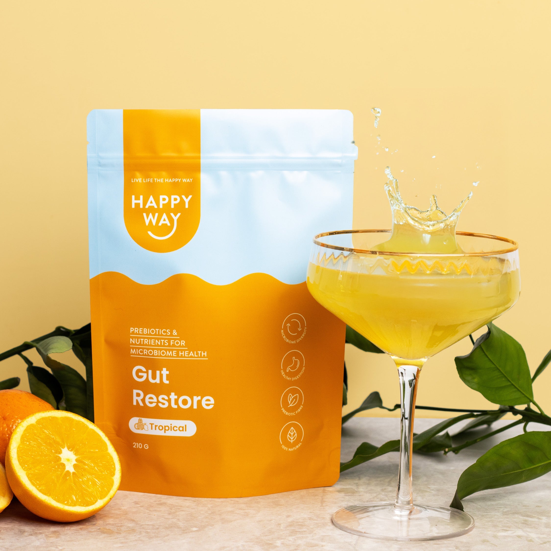 Happy Way Gut Restore Tropical Powder 210g with prepared drink