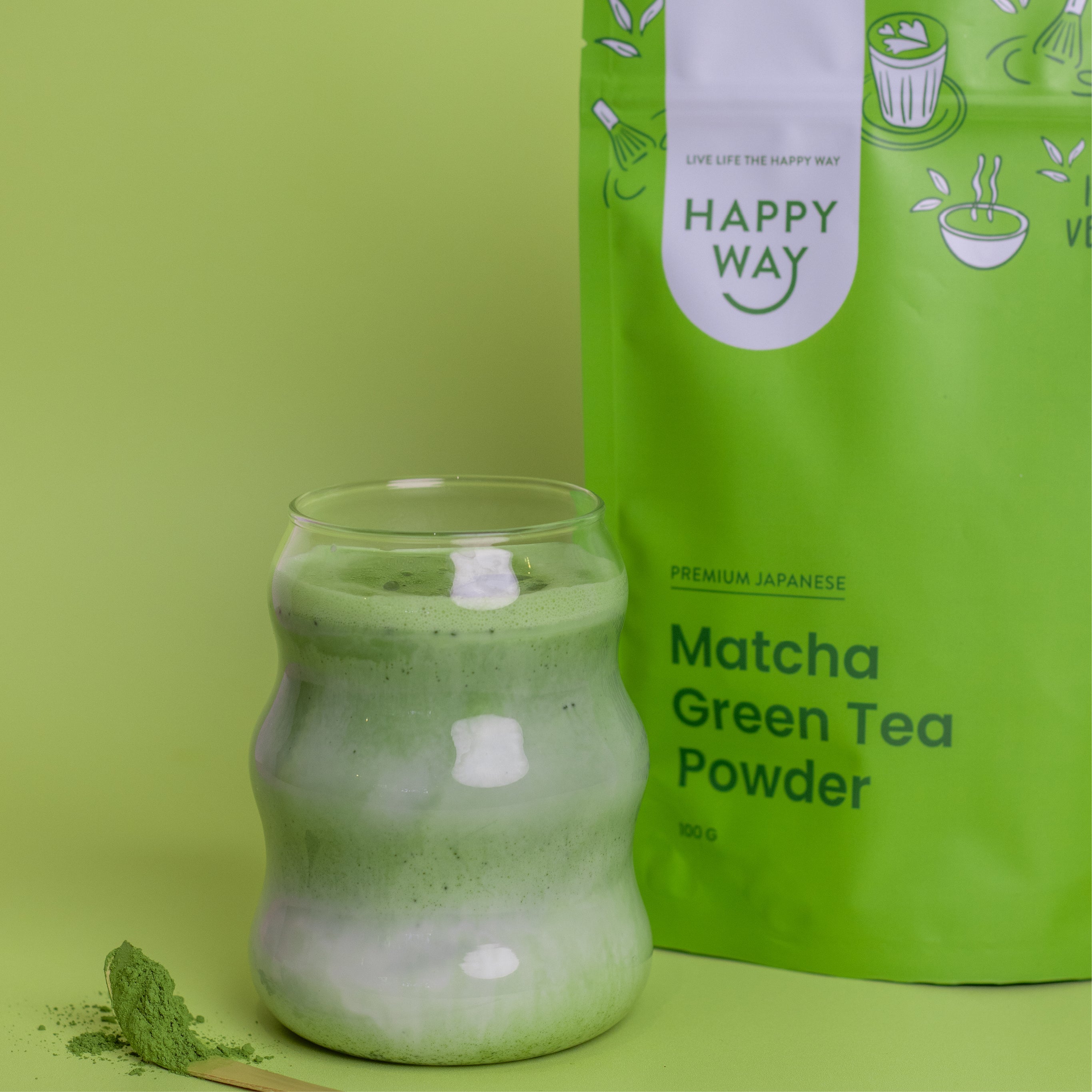 Happy Way Matcha Green Tea Powder 100g with prepared matcha