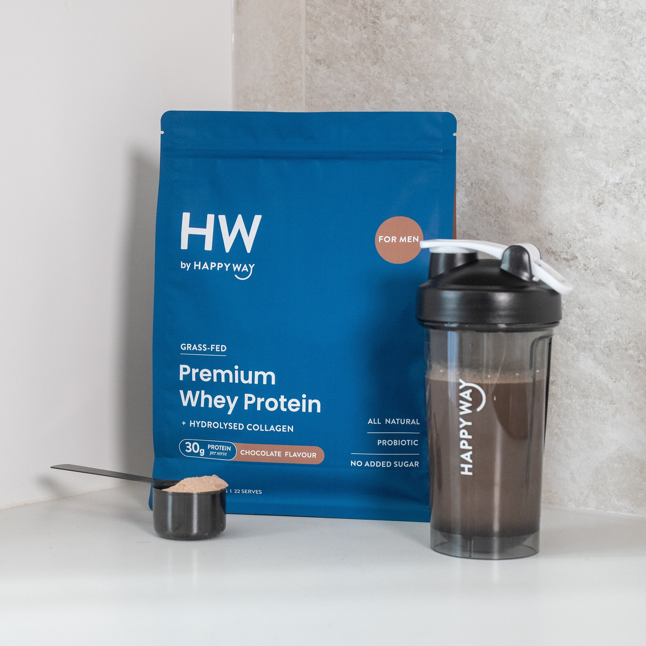 Happy Way Men's Chocolate Whey Protein Powder 900g with shaker